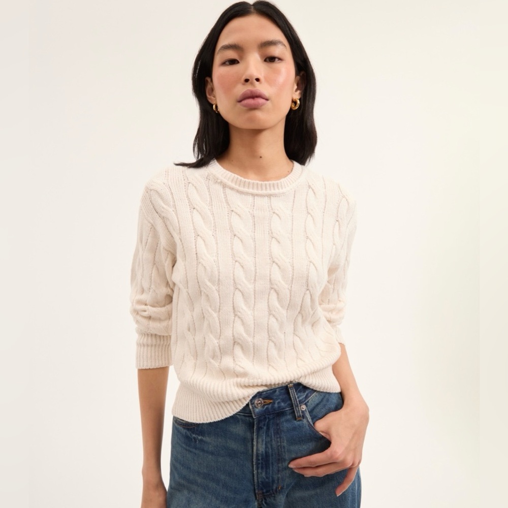 Veronica Beard Cream Cable-Knit Crewneck Sweater -Size M